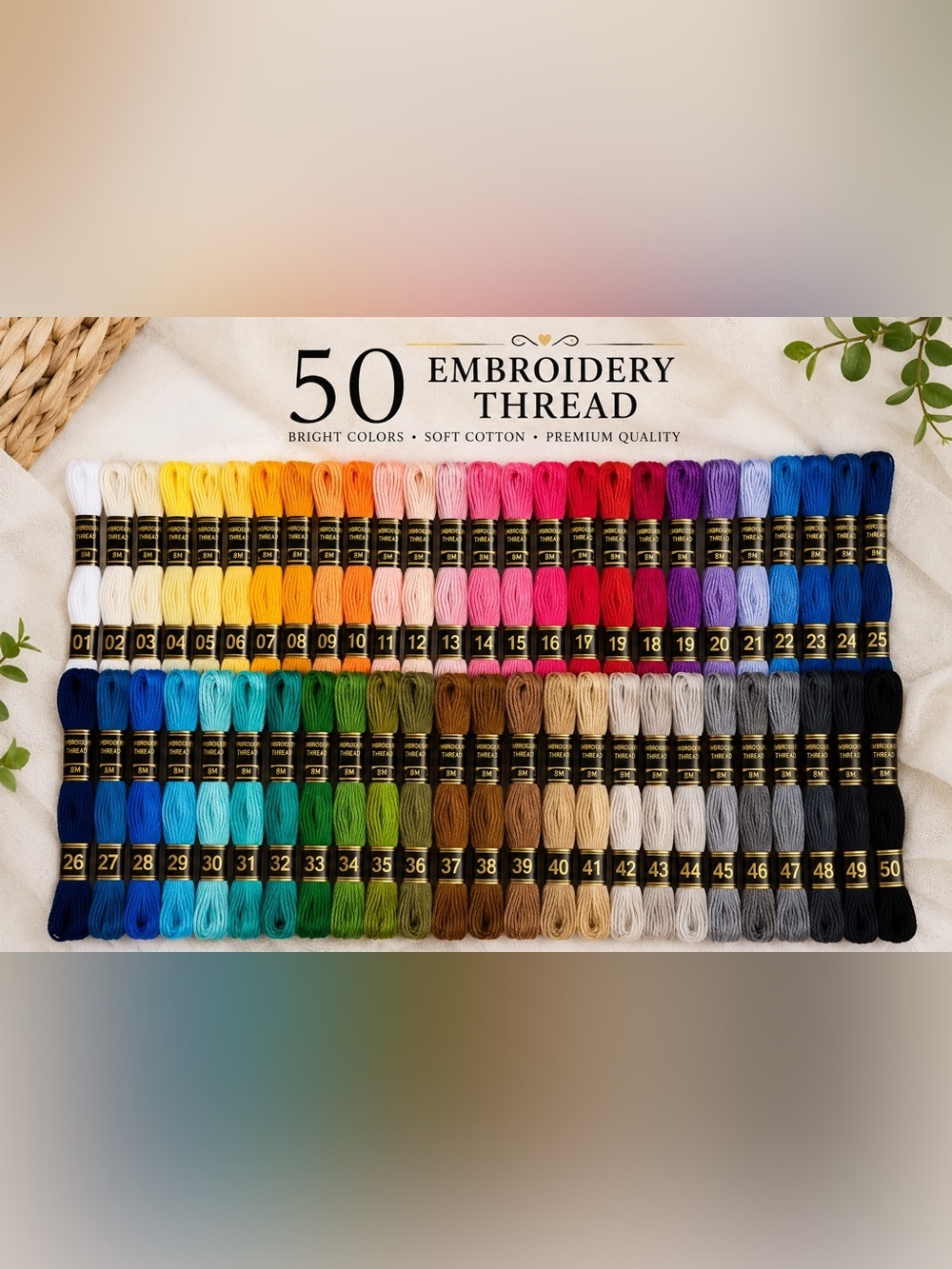 Assorted Embroidery Floss Thread Set - 50 Multicolor Skeins